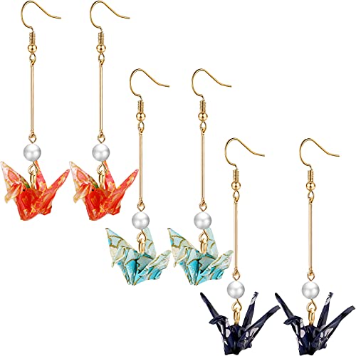 Bronze 3 Pairs Origami Earrings Good Luck Paper Crane Dangle Earrings Origami Tassel Earrings Cute Bird Handmade Drop Earrings for Women Girl Wedding Party Accessories (Classic Style)
