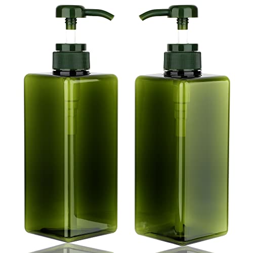 Pump Bottle Dispenser 22oz/650ml Jansburg 2Pack Refillable Square Plastic Lotion Dispenser Empty Lotion Pump Bottle for Essential Oil Lotion, Shampoo, Bathroom Travel Green