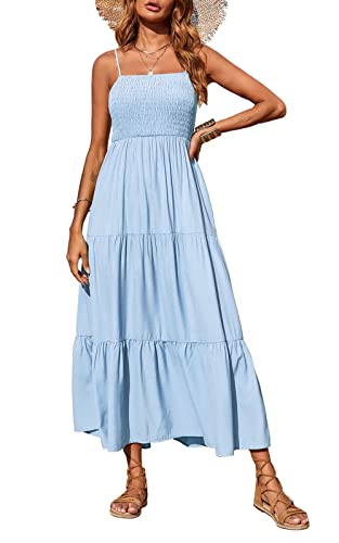PRETTYGARDEN Women's Summer Maxi Dress 2024 Casual Boho Sleeveless Spaghetti Strap Smocked Tiered Long Beach Sun Dresses (Blue,S)