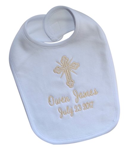 Funny Girl Designs Christening Bib Keepsake Gift Personalized and Embroidered Cross Name and Baptism Date in Ivory Thread