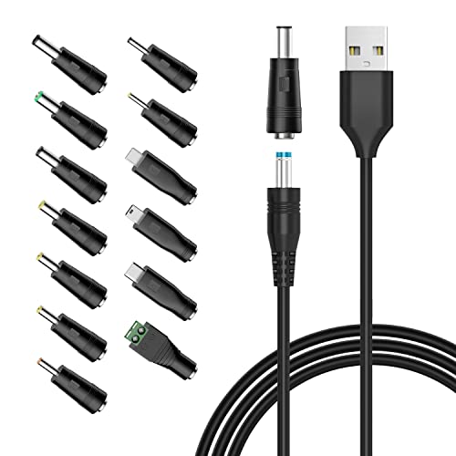 Powseed 5V Universal DC Power Cable, USB to DC Charging Cord with 13pcs Adapter Plugs for Webcam Router, Power Bank, Toy, Recorder, Bluetooth Speaker, Scanner, DVR, Hard Disk Box, USB-HUB etc.
