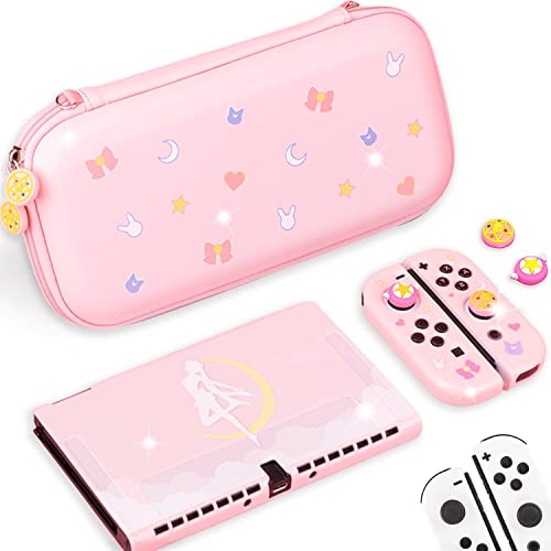 BelugaDesign Anime Moon Bundle | Pink Pastel Carry Case Shell Cover Thumb Grips | Cute Kawaii Magical Girl Japanese Travel Protective Set | Compatible with Nintendo Switch OLED