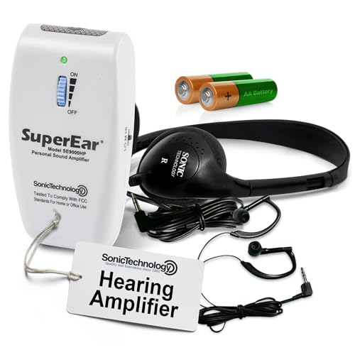 SuperEar Rechargeable Personal Sound Amplifier Model SE9000HP (PSAP) - 50dB Amplifier with Headphones, Earbuds, and Tactile 3 Tone Frequency (Hi-Med-Low) for Adults, Audiologists, Seniors, and Elderly