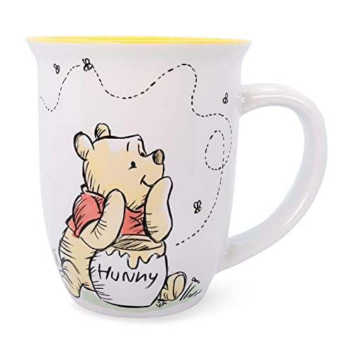 Silver Buffalo Disney Winnie the Pooh But First Hunny Wide Rim Bees Flying Ceramic Mug, 16 Ounces