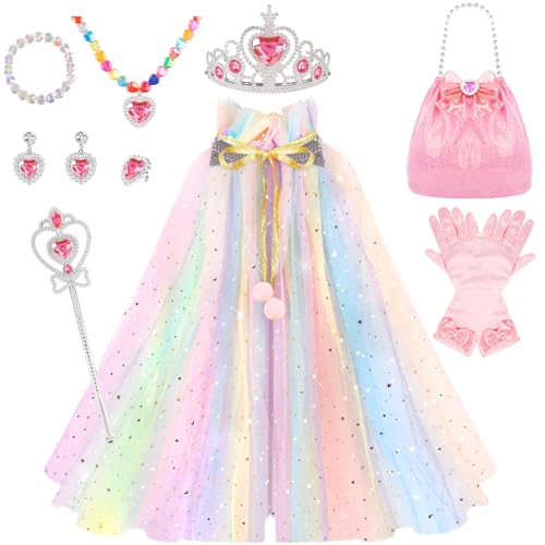 Ouddy Mode Princess Dress up, 11 Pcs Princess Costume Set with Princess Cape Crown Wand, Dress up Clothes for Girls 4-6 Years Old Christmas Birthday Gifts Toys