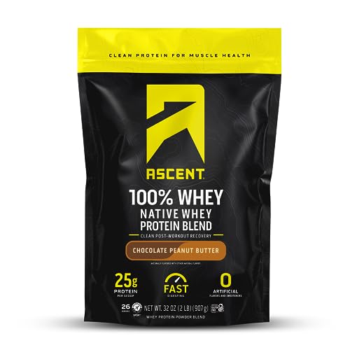 Ascent 100% Whey Protein Powder - Post Workout Whey Protein Isolate, Zero Artificial Flavors & Sweeteners, Gluten Free, 5.5g BCAA, 2.6g Leucine, Essential Amino Acids, Chocolate Peanut Butter 2 lb