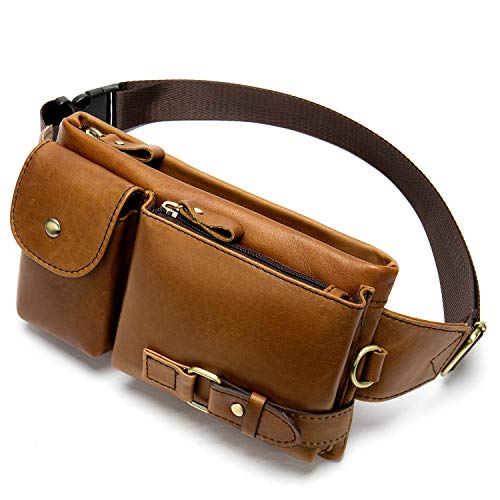 NIUCUNZH Cowhide Waist Fanny Pack-Genuine Leather and Slim with Adjustable Waistband Brown