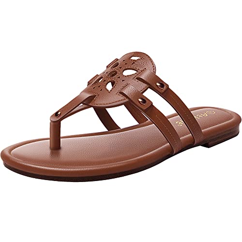 Athlefit Womens Flat Sandals Leather Casual Slip on Comfortable Flip Flops Thong Beach Brown Sandal Dressy Size 8