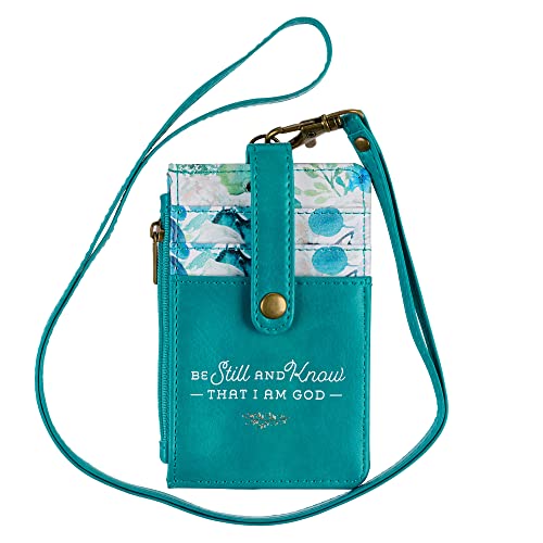 Christian Art Gifts Women's Slim Zipper ID Badge Card Holder: Be Still & Know - Psalm 46:10 Inspirational Bible Verse w/Detachable Neck Strap Lanyard, Coin Purse Pocket, Vegan Leather, Floral Teal