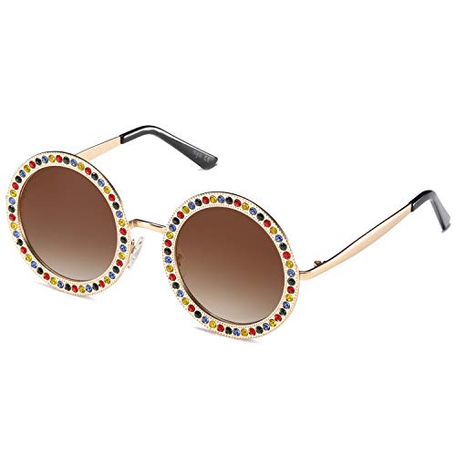 SOJOS Shining Oversized Round Rhinestone Sunglasses Festival Gem Sunnies SJ1095 with Gold Frame/Gradient Brown Lens with Colored Diamonds