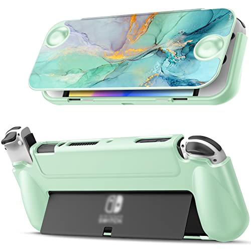Fintie Flip Case for Nintendo Switch OLED Model - [Screen Safe] Slim Protective Soft TPU Shell with Magnetically Detachable Front Cover & Ergonomic Grip for Switch OLED Model 2021 (Emerald Marble)