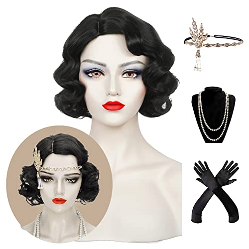 Finger Wave Wig Women Black 1920s Vintage Flapper Wig Lady Rockabilly Short Curly Wig Halloween Party Cosplay Costume Synthetic Hair + Wig Cap