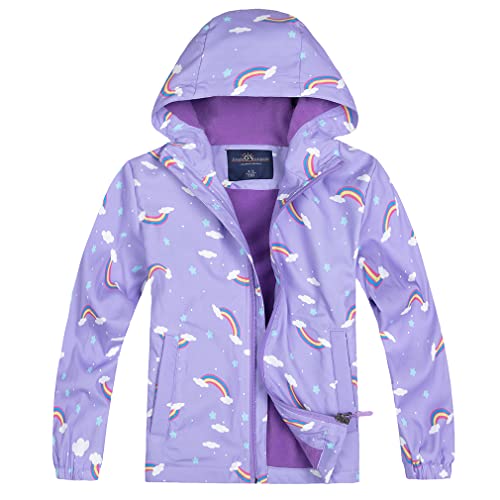 Jingle Bongala Kids Waterproof Rain Jackets Lightweight Raincoats Fleece & Knitted Lining Hooded Windbreaker for Boys Girls-Fleece-Rainbow-130