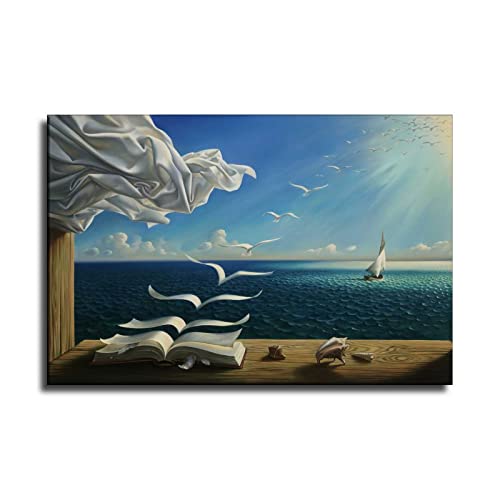 OUJJG Diary of Discoveries The Waves Book Sailboat by Salvador Dali Canvas Art Poster and Wall Art Picture Print Modern Family Bedroom Decor Posters 16x24inch(40x60cm)