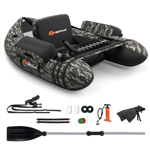 Goplus Inflatable Float Tube, Fishing Float Tube with Paddle, Rod Holder, Flippers, Fish Ruler, Pump, Storage Pockets, Adjustable Straps, 350LBS Load Bearing Capacity Belly Boat(Camouflage Color)