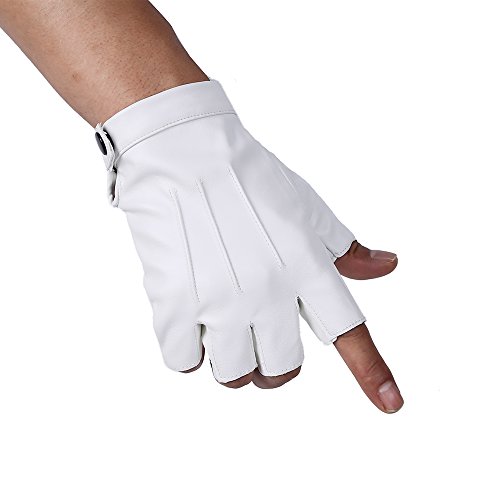 JISEN Men PU Leather Punk Half Finger Snap Performance Gloves White