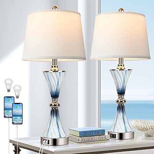 Set of 2 Blue Glass Table Lamps for Bedrooms with 2 USB ports 3-Way Dimmable Touch Coastal Bedside Lamps for Contemporary Style Modern Nightstand Lamps with 2 LED Bulbs for Home Lighting Decoration