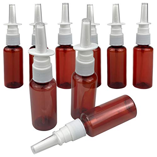 UPSTORE 12Pcs (30ml/1oz) Amber Round Empty Plastic Nasal Spray Bottle with Press Spray Head Refillable Portable Fine Mist Sprayers Containers Pot Travel Sub Bottling for Colloidal Silver Saline