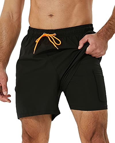 SILKWORLD Mens Swimming Trunks with Compression Liner 2 in 1 Quick-Dry Swim Shorts with Zipper Pockets,Black,X-Large
