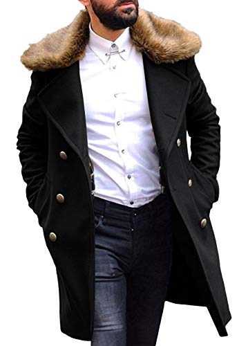 PASLTER Men's Winter Trench Overcoat Removable Faux Fur collar Top Coat Double Breasted Business Long Pea Coat
