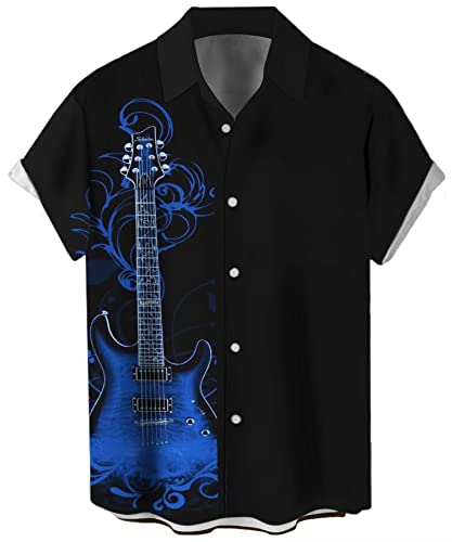 Men's Guitar Shirts Vintage Bowling Shirt 1950s Retro Rockabilly Style Short Sleeve Button Down Music Shirts