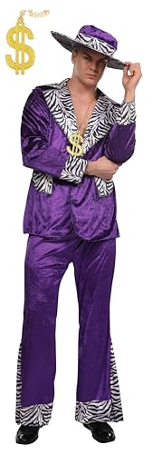 Adult Pimp Daddy Hustler Costume Velvet Suit Includes Hat, Suit Jacket, Pants, Gold Chain (Medium/Large, Purple)