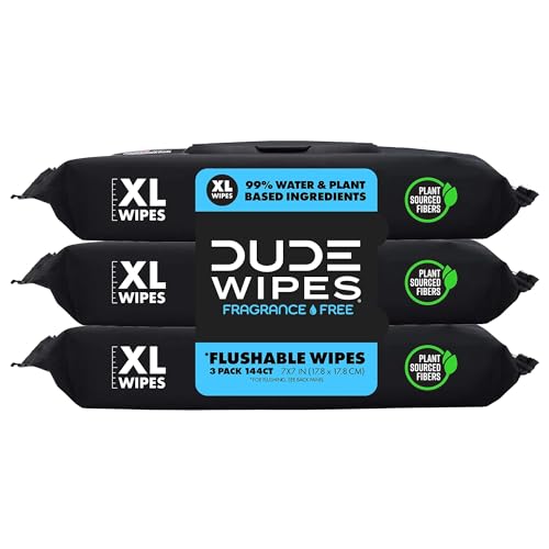 DUDE Wipes - Flushable Wipes - 3 Pack, 144 Wipes - Unscented Extra-Large Adult Wet Wipes - Vitamin-E & Aloe - Septic and Sewer Safe