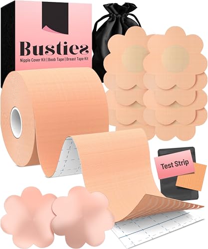 Busties Boob Tape Kit (12 pcs), Easy to Use (Universal Fit), 1 Pack Boobytape for Breast Lift, Bob Tape for Large Breasts, Bra Nipple Tape with Petals and Covers, Breast Tape for Women Nude