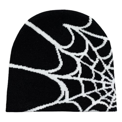 Pooyikoi Y2K Gothic Spider Pattern Wool Acrylic Knitted Hat Women Beanie Winter Warm Beanies Men Casual Skullies Outdoor Black