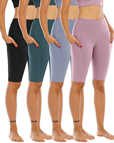 WHOUARE 4 Pack Biker Yoga Shorts with Pockets for Women,High Waisted Athletic Running Workout Gym Shorts Tummy Control, Black,Red Bean Paste,Gray Blue,Bean Green,XL