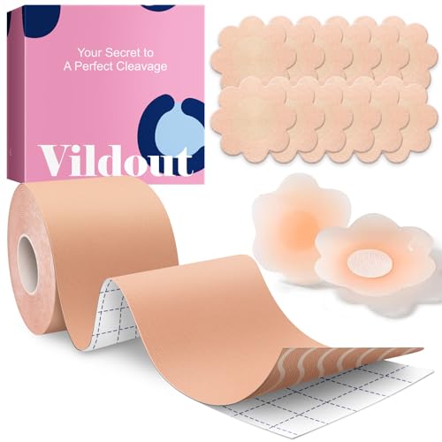 Vildout Boob Tape Kit -Boobtape for Breast Lift with Petals and Covers, Breathable Sticky Adhesive Bra Tape, Push Up Boobytape for Breast Lift, Breast Tape Suitable for Large Breasts A-G Cup Beige