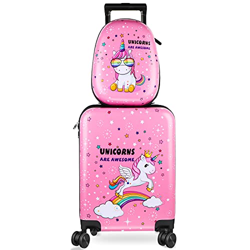 Kids Luggage and Backpack 18 Suitcase with Spinner Wheel Hard Case Travel Suitcase 13 Backpack Girl Suitcase Set for Kids Supplies (Pink, Unicorn Style)