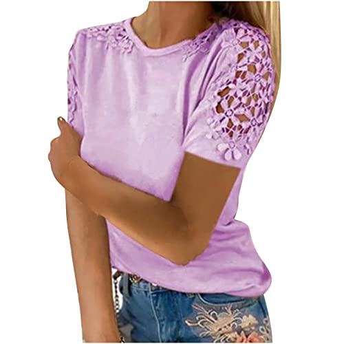 ZunFeo Summer Tops for Women Crewneck Floral Print Short Sleeve Shirts Lace Hollow Out Dressy Blouse Soft Tunic Shirts Soft