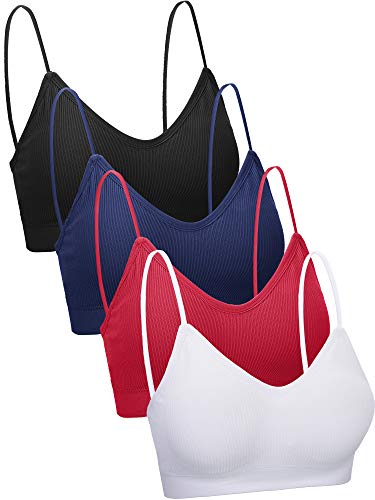 4 Pieces V Neck Cami Bra Padded Seamless Bralette Straps Sleeping Bra for Women Girls (Black, White, Wine Red, Navy Blue, Small)