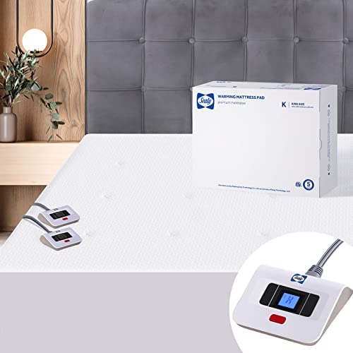 Sealy Heated Mattress Pad King Size, Zone Heating Electric Bed Warmer with Deep Pocket, 10 Heat Setting Dual Controller & 1-12 Hours Auto Shut Off, Knitted Breathable Heated Mattress Cover, White
