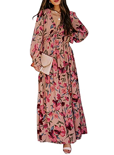 BLENCOT Womens Casual Floral Deep V Neck Long Sleeve Long Evening Dress Cocktail Party Maxi Wedding Dresses Floral Pattern Red X-Large