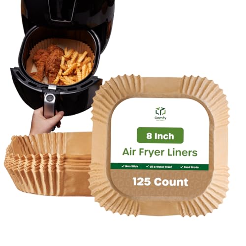 Comfy Package, [125 Count] 8 Inch Disposable Square Air Fryer Liners, Non-Stick Parchment Paper Liners, Waterproof, Oil Resistance - Kraft