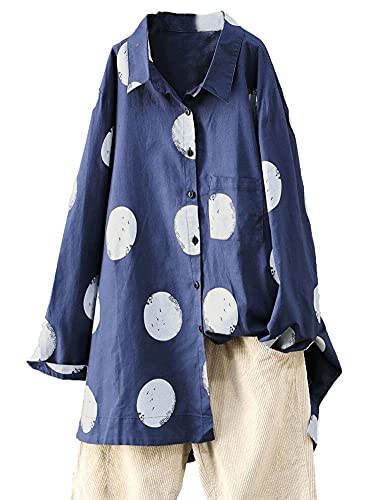 Minibee Women's Button Down Tunic Tops Polka Blouse Cotton Shirt (XL, Style1 Blue)