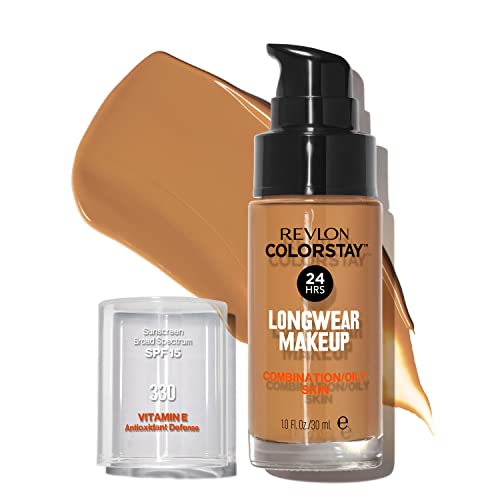 Revlon Liquid Foundation, ColorStay Face Makeup for Combination & Oily Skin, SPF 15, Longwear Medium-Full Coverage with Matte Finish, Natural Tan (330), 1.0 Oz