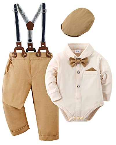 nilikastta Baby Boy Clothes Gentleman Outfits Suits, Infant Long Sleeve Shirts + Suspender Pants + Bowtie + Beret Hat 0-18M(Khaki,0-3M)