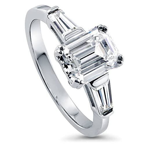 BERRICLE Sterling Silver 3-Stone Wedding Engagement Rings Emerald Cut Cubic Zirconia CZ Anniversary Ring for Women, Rhodium Plated Size 6