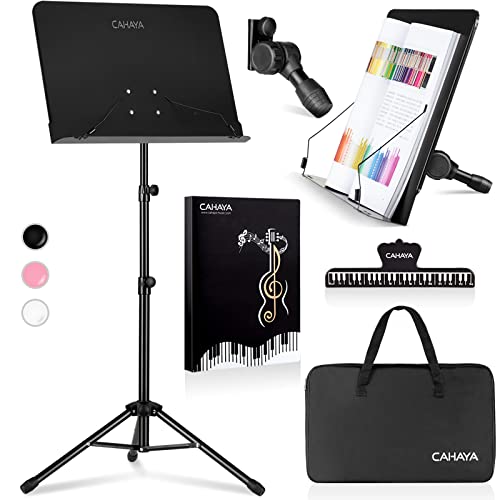 CAHAYA 5 in 1 Dual-use Sheet Music Stand & Desktop Book Stand Metal Portable Solid Back Height Adjustable from 31.4-57in with Book Stand Support, Carrying Bag, Sheet Music Folder and Clip