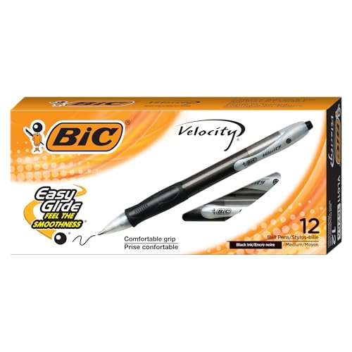 BIC Velocity Retractable Ballpoint Pens, Medium Point (1.0 mm), Black Ink Pens, 12-Count Pack, With Comfortable Grip