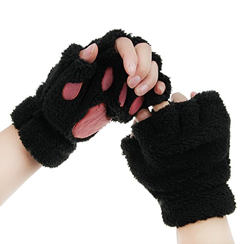 FakeFace Cute Cat Kitten Paw Fingerless Faux Fur Plush Gloves For Girls Women, Black, Small