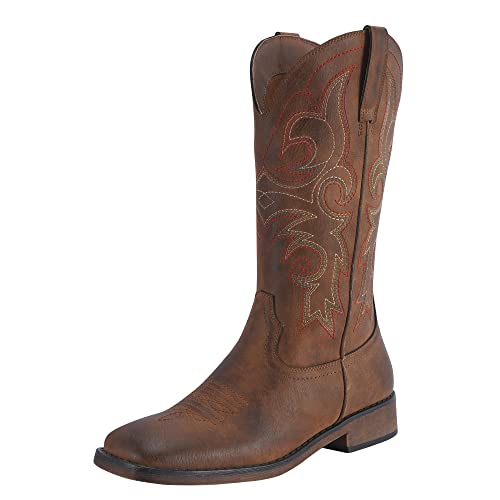 SheSole Women's Fashion Western Cowgirl Cowboy Boots Wide Square Toe Mid Calf Brown US Size 11