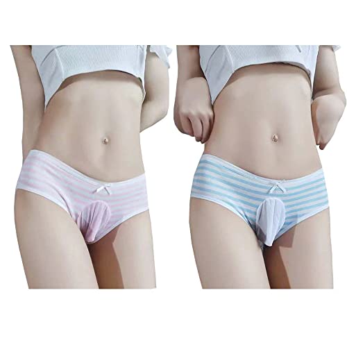 FASXIR Japanese Style Cute Striped Cotton Thong Pouch Bikini Underwear Briefs Cosplay Panties for Women Men Pack of 2 (Style 2)