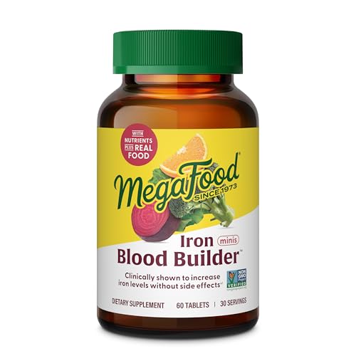 MegaFood Blood Builder Minis - Iron Supplement Clinically Shown to Increase Iron Levels Without Side Effects - Iron with Vitamin C, Vitamin B12 & Folic Acid - Vegan - 60 Tablets (30 Servings)