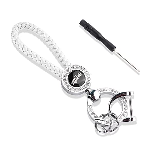 Bling Bling Leather Keychain,Universal Car Accessories Car Lanyard Key Fob Holder with Anti-lost D-ring and Screwdriver(White)