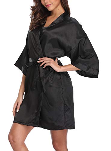 Old-Times Women's Pure Color Silk Kimono Short Robes for Bridesmaids and Bride Black S/M