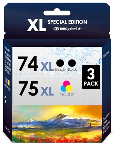 INKjetsclub Compatible Ink Cartridge Replacement for HP 74/75XL. Works with Officejet J6480 J5780, Deskjet D4260 D4360 Photosmart C4280 C5280 C4480 Printers. 3 Pack (2 Black, Tri-Color)